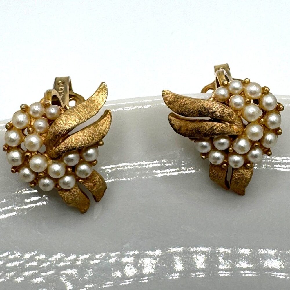 Vintage Trifari Gold-Tone Metal Wing Clip-On Earrings With Imitation Pearls